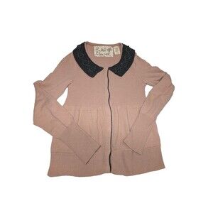 Field & Flower Anthropologie Pink Ribbed Cardigan Black Crochet Collar Sweater S